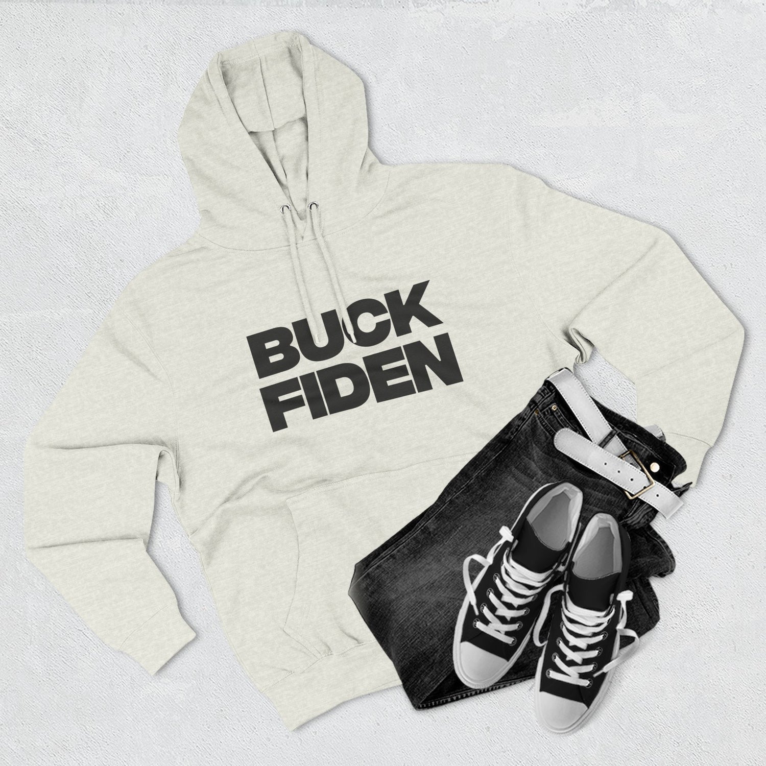 "Buck Fiden" Hoodie — Bold Text Political Satire Streetwear Pullover for Trendsetters