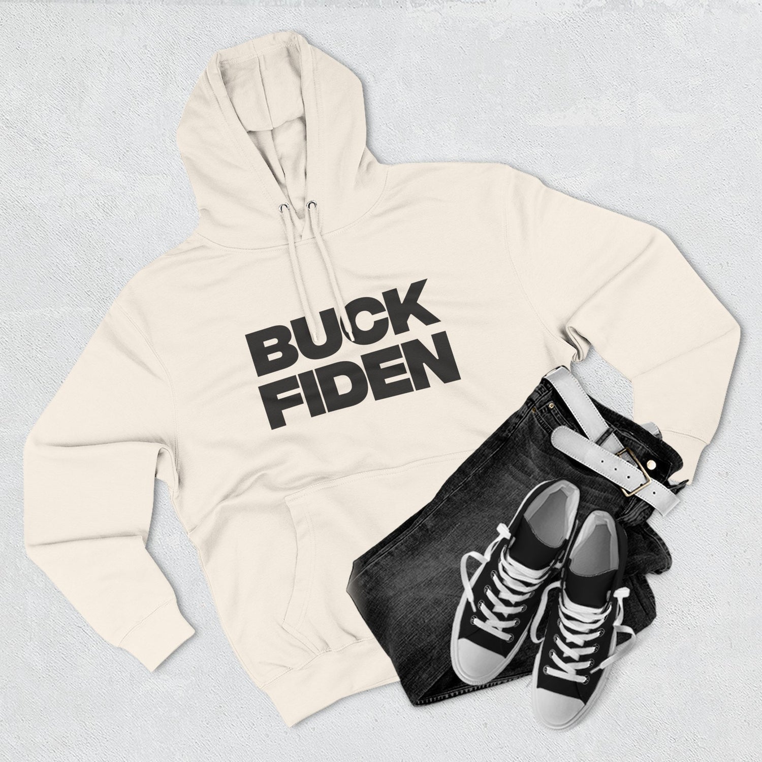 "Buck Fiden" Hoodie — Bold Text Political Satire Streetwear Pullover for Trendsetters